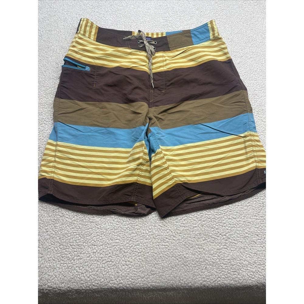 Patagonia Board Shorts Mens 36 Brown Striped Swim Trunks Wavefarer Performance